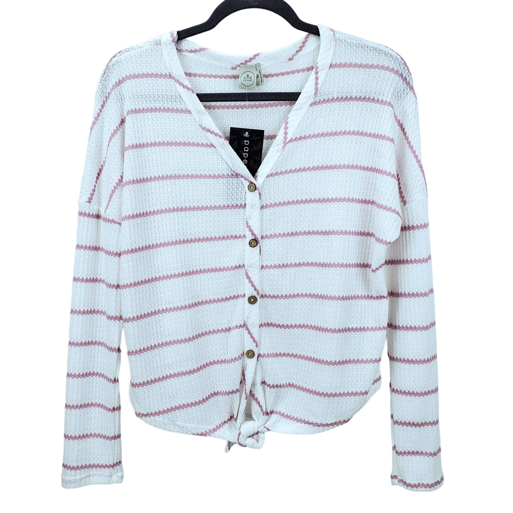 White w/ Purple Stripe Lightweight Knit Top Sz M Pullover V-Neck Button Down NWT